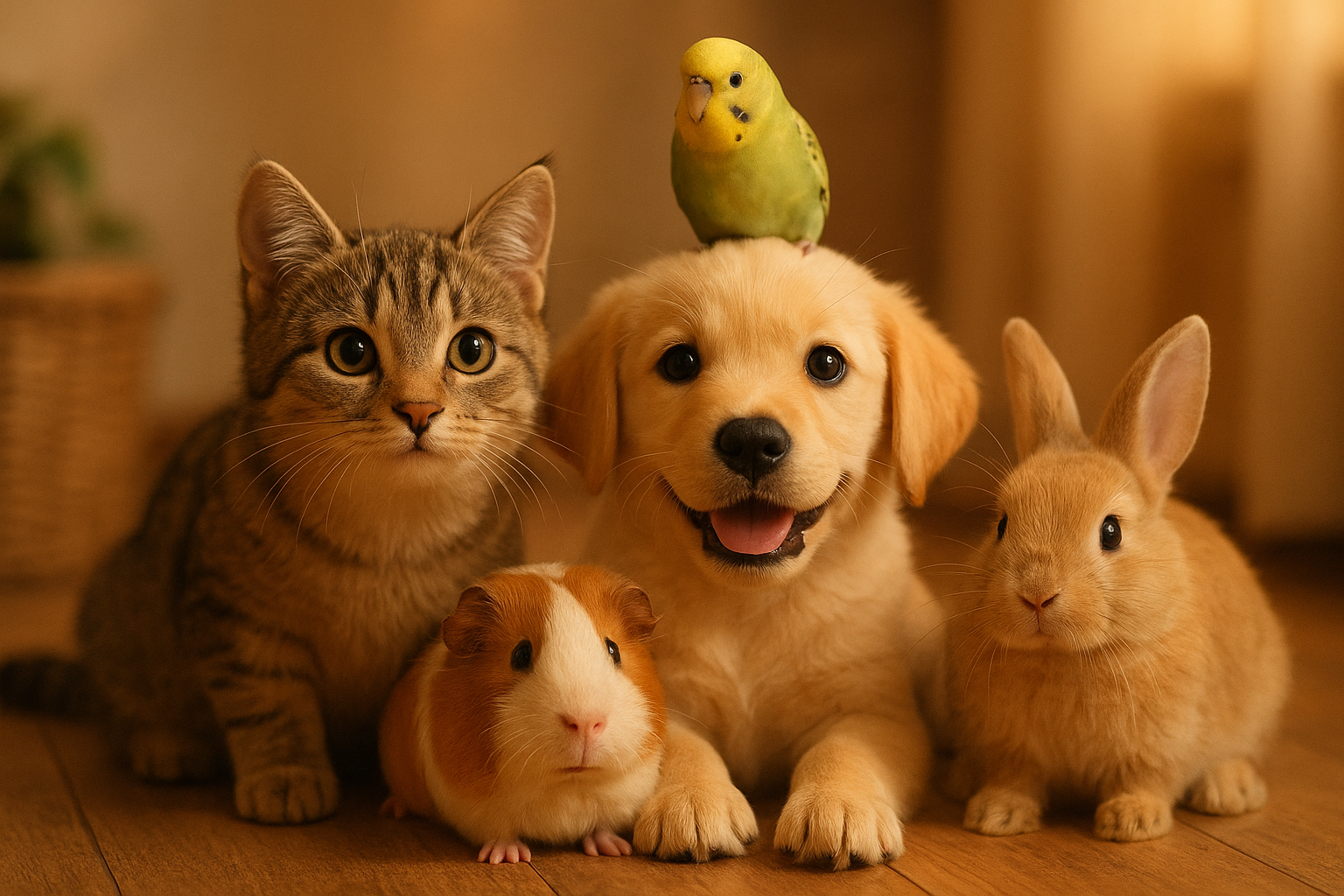 A cute cat an dog surrounded by a bird, guinea pig and rabbit